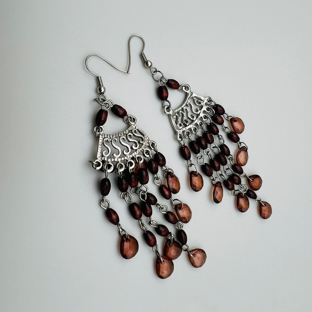 Chandelier Dangle Earrings Boho Silver Tone Brown Wood and Acrylic Beads